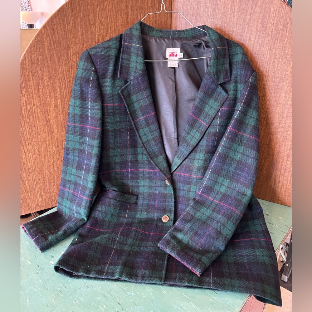 1990’s vintage Alia green and purple plaid blazer women’s
